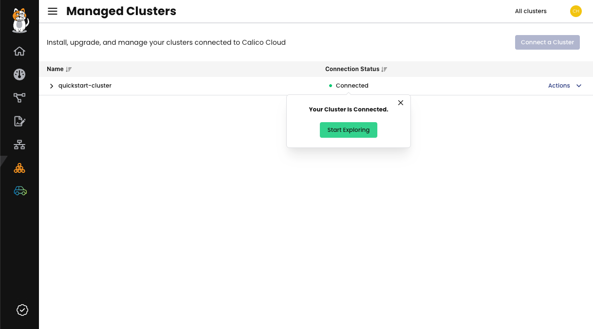 A screenshot of the Managed Clusters page showing the new cluster connection.